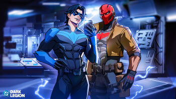 bat_signal batman_symbol black_bodysuit black_gloves bodysuit brown_jacket camera camera_flash cellphone cellphone_photo dc:_dark_legion dc_comics dick_grayson domino_mask eye_mask gloves grey_bodysuit highres holding holding_camera holding_phone jacket jason_todd looking_at_phone male_focus mask mirror_selfie multicolored_bodysuit muscular muscular_male nightwing official_art open_clothes pants pectorals phone red_hood_(dc) red_mask selfie short_hair smartphone superhero_costume taking_picture taut_bodysuit two-tone_bodysuit