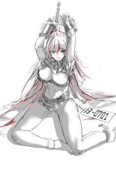1girl abs absurdres arca.live arms_up barefoot belt bikini bikini_top_only blush bound bound_wrists breasts chain cleavage clenched_teeth crossed_bangs cuffs dainillust goddess_of_victory:_nikke greyscale hair_between_eyes handcuffs high_ponytail highres large_breasts long_hair looking_at_viewer midriff monochrome multicolored_hair navel o-ring ponytail prison_clothes quency_(nikke) red_eyes red_hair restrained shackled shackles short_shorts shorts shrug_(clothing) simple_background sitting sketch solo spot_color strapless strapless_bikini swimsuit tearing_up teeth toned two-tone_hair very_long_hair white_background