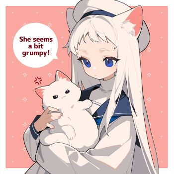 1girl 1other :3 anger_vein animal animal_ear_fluff animal_ears black_eyes blue_eyes blue_neckerchief blue_sailor_collar border cat cat_ears cat_girl cat_tail commentary dress english_text ephyca_(llucilab) expressionless hair_intakes hands_up hat highres holding holding_animal holding_cat llucilab long_hair long_sidelocks long_sleeves neckerchief no_nose original outside_border pink_background sailor_collar sailor_dress sailor_hat sidelocks simple_background speech_bubble standing star_(symbol) straight_hair sweater tail turtleneck turtleneck_sweater upper_body v-shaped_eyebrows very_long_hair white_border white_dress white_fur white_hair white_hat white_sweater white_tail