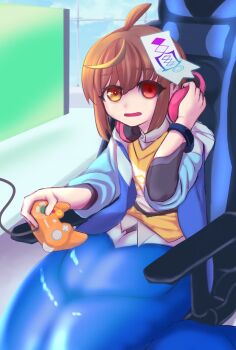 1boy ahoge azure_striker_gunvolt azure_striker_gunvolt_3 black_sclera blue_jacket brown_eyes brown_hair colored_sclera controller gamecube_controller headphones heterochromia highres holding holding_controller indoors jacket looking_at_viewer male_focus ofuda red_eyes senzo_tori shiron_(gunvolt) shirt sitting solo yellow_shirt