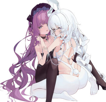 +_+ 2girls absurdres animal_ears ass azur_lane black_bonnet black_leotard black_pantyhose bonnet braid chain chain_leash fake_animal_ears frilled_bonnet frills hand_around_neck highres holding holding_chain le_malin_(azur_lane) le_malin_(listless_lapin)_(azur_lane) leash leotard looking_at_viewer low_twin_braids multiple_girls official_alternate_costume pantyhose purple_hair rabbit_ears rabbit_tail sitting strapless strapless_leotard tail tashkent_(azur_lane) tashkent_(the_sprite's_snapshot)_(azur_lane) twin_braids wariza white_background white_leotard white_pantyhose xiyu_(52710106)