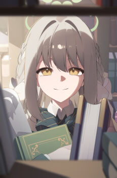 1girl absurdres blonde_hair blue_archive book bookshelf bookshelf_pov bow braid closed_mouth collared_shirt diagonal-striped_bow green_bow green_halo hair_between_eyes halo highres holding holding_book long_hair looking_at_viewer miyo_(blue_archive) n_sol pov shirt sidelocks smile solo striped_bow white_shirt