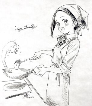 1girl akebi-chan_no_serafuku apron collared_shirt cooking dated food fried_rice frying_pan happy_birthday headscarf highres hiro_(dismaless) holding holding_frying_pan holding_ladle ladle looking_at_viewer monochrome open_mouth ribbon roubai_academy_school_uniform_(new) school_uniform serafuku shirt short_hair signature sleeves_rolled_up solo stove usagihara_touko