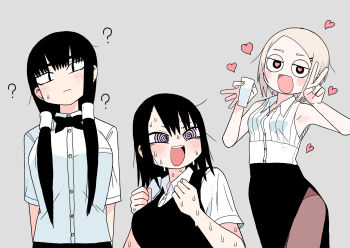 3girls abe_tomomi black_eyes black_hair blonde_hair blush heart heart_in_eye highres long_hair long_skirt multiple_girls original purple_eyes ribbon school_uniform short_hair skirt sleeveless symbol_in_eye