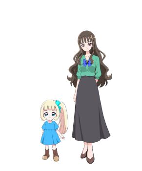 2girls @est@ adoptive_parent_and_adoptive_child aged_down aged_up ankle_boots aqua_scrunchie arm_at_side arm_behind_back black_skirt blonde_hair blue_bow blue_bowtie blue_dress blue_eyes blunt_bangs boots bow bowtie breasts brown_boots brown_hair brown_shoes child closed_mouth collarbone commentary dress full_body green_shirt hair_ornament hair_scrunchie high_heels highres long_hair long_skirt looking_at_viewer medium_breasts multiple_girls nekoyashiki_mayu nekoyashiki_yuki pink_socks ponytail precure puffy_short_sleeves puffy_sleeves reincarnation scrunchie shirt shoes short_dress short_sleeves side-by-side side_ponytail skirt smile socks split_mouth standing three-quarter_sleeves transparent_background v-neck very_long_hair wavy_hair wonderful_precure!