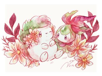 Rule 34 | blush, closed mouth, flower, full body, gen 4 pokemon, gen 5 pokemon, grass, green eyes, hedgehog, highres, legendary pokemon, mythical pokemon, nintendo, no humans, non (kumakawayusu), one eye closed, petilil, pink flower, pokemon, pokemon (creature), pokemon focus, shaymin, shaymin (land)