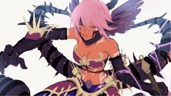 .hack// .hack//link 1girl armor bikini_armor black_rose_(.hack//) breasts commentary_request elbow_gloves facial_mark gloves holding holding_weapon midriff navel open_mouth pink_eyes pink_hair shoochiku_bai short_hair simple_background smile solo tattoo weapon white_background