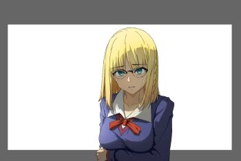 1girl albert_lee blonde_hair blue_eyes commentary_request fate/strange_fake fate_(series) glasses round_eyewear sajou_ayaka_(fate/strange_fake) school_uniform simple_background solo sweater white_background