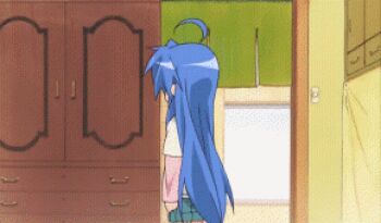 00s 1girl animated animated_gif blue_hair code_geass izumi_konata kururugi_suzaku long_hair lowres lucky_star spinzaku