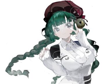 1girl braid breasts chinese_commentary closed_mouth collared_shirt commentary_request da_capo_(e.g.o) e.g.o_(project_moon) employee_(project_moon) green_hair grey_eyes hat hat_bell highres jacket large_breasts lobotomy_corporation long_hair long_sleeves necktie nugget_(project_moon) project_moon red_hat shirt simple_background sleeves_past_wrists smile solo twin_braids upper_body vihua6 w white_background white_jacket white_necktie white_shirt