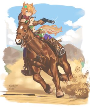 1girl absurdres aiming animal_ears armband blue_eyes brown_gloves brown_hair ceramicnoise cowboy_hat cowboy_western fringe_trim gloves green_armband hair_ornament hat hat_on_back highres horse horse_ears horse_girl horse_tail horseback_riding ponytail riding saddle star_(symbol) star_hair_ornament stirrups_(riding) taiki_shuttle_(umamusume) taiki_shuttle_(wild_frontier)_(umamusume) tail tassel umamusume