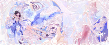 4girls absurdres aria_(genshin_impact) bare_shoulders barefoot black_hair blonde_hair blue_veil canon_(genshin_impact) closed_eyes columbina_(genshin_impact) commentary_request crescent dress eye_mask feathered_wings flower genshin_impact head_wings highres leg_wrap legs li0n_(kongshushiwo) long_hair mask multicolored_hair multiple_girls petals pink_hair purple_hair siblings sisters sleeveless sleeveless_dress sonnet_(genshin_impact) toes veil white_dress white_hair white_wings wings