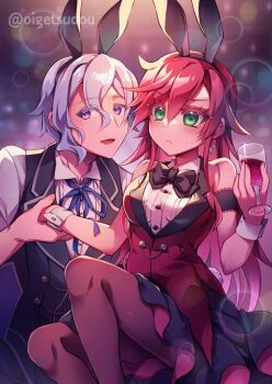 1boy 1girl animal_ears bartender blue_hair bow bowtie celis_ortesia commentary_request couple detached_collar eiyuu_densetsu fake_animal_ears fishnet_pantyhose fishnets green_eyes kuro_no_kiseki kuro_no_kiseki_(series) kuro_no_kiseki_i kuro_no_kiseki_ii leotard oigetsudou_(byakuya_yuu) pantyhose playboy_bunny rabbit_ears red_hair rion_balthazar thighs wrist_cuffs
