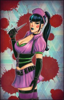 1girl belt black_choker black_gloves black_lips blood blood_splatter blunt_bangs bra breasts choker cleavage collarbone commentary english_commentary gloves green_bra green_trim holding holding_knife knife makeup midriff miniskirt ponytail puffy_sleeves punchline_(dc) sidelocks skirt solo throwing_knife underwear weapon