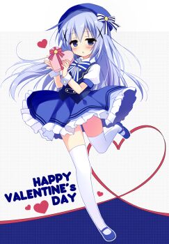 1girl beret blue_eyes blue_hair blue_hat blue_shoes blue_skirt blue_theme blush bow box clothes_lift commentary_request floating_hair gift gochuumon_wa_usagi_desu_ka? hair_between_eyes hair_ornament happy_valentine hat hat_bow heart heart-shaped_box high-waist_skirt holding holding_gift jitome kafuu_chino long_hair looking_at_viewer mary_janes nagayama_yuunon open_mouth puffy_short_sleeves puffy_sleeves shirt shoes short_sleeves shy simple_background skirt skirt_lift solo standing standing_on_one_leg striped_bow suspender_skirt suspenders thighhighs valentine very_long_hair white_shirt white_thighhighs white_wrist_cuffs wind wind_lift wrist_cuffs x_hair_ornament