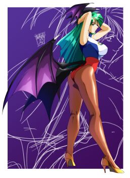 1girl absurdres breasts brown_pantyhose capcom commentary danmakuman darkstalkers demon_girl demon_wings english_commentary full_body green_eyes green_hair head_wings high_heels highres large_breasts leotard long_hair low_wings morrigan_aensland pantyhose race_queen shoes smile solo tagme wings yellow_shoes