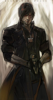 1boy alternate_color belt black_coat black_hair black_pants chest_belt coat dante_(devil_may_cry) dark_persona devil_may_cry devil_may_cry_(series) devil_may_cry_4 fingerless_gloves front_zipper gloves glowing glowing_eyes looking_at_viewer multiple_belts own_hands_together pants rae_(offrecord) red_eyes short_hair sleeves_rolled_up solo song_name steepled_fingers