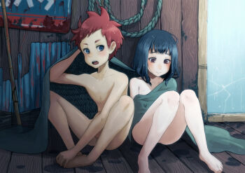 1boy 1girl black_hair blanket blanket_hug blue_eyes blush brown_eyes closed_mouth commentary_request embarrassed feet_together fishing_rod indoors knees_apart_feet_together knees_together_feet_apart loli medium_hair mimizuki_(mimizuki_p) nervous_smile nude open_mouth original rain red_hair rope shared_blanket shota sitting smile testicles water wet window