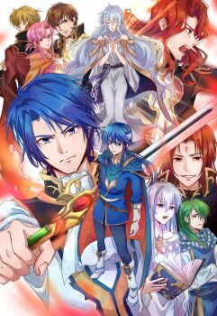 3girls 6+boys arvis_(fire_emblem) blonde_hair blue_eyes blue_hair book brother_and_sister brown_eyes brown_hair cape commentary_request deirdre_(fire_emblem) eldigan_(fire_emblem) ethlyn_(fire_emblem) evil_smile facial_mark fire_emblem fire_emblem:_genealogy_of_the_holy_war forehead_mark green_eyes green_hair headband highres holding holding_book holding_sword holding_weapon interlocked_fingers julia_(fire_emblem) julius_(fire_emblem) lewyn_(fire_emblem) long_hair multiple_boys multiple_girls nintendo open_mouth own_hands_clasped own_hands_together pink_eyes pink_hair ponytail purple_eyes purple_hair quan_(fire_emblem) red_eyes red_hair seliph_(fire_emblem) short_hair siblings sigurd_(fire_emblem) smile sturm_fe_k11 sword two-sided_cape two-sided_fabric very_long_hair weapon