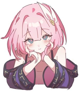 1girl bare_shoulders blue_eyes blush cyrene_(aedes_elysiae)_(honkai:_star_rail) cyrene_(honkai:_star_rail) dress highres honkai:_star_rail honkai_(series) looking_at_viewer medium_hair neneneneko pink_hair smile solo upper_body