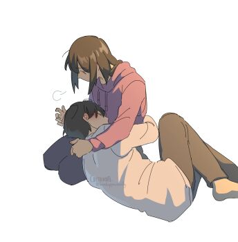 1boy 1girl aged_down barefoot black_hair breath brown_hair child criteria curled_up full_body han_sooyoung hand_on_another&#039;s_back highres hood hood_down hoodie hug kim_dokja lap_pillow lying oldest_dream omniscient_reader&#039;s_viewpoint on_side pink_hoodie seiza short_hair sidelocks sitting