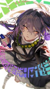 Rule 34 | 1girl, artist name, bead necklace, beads, blonde hair, breasts, chayo bababa, commentary request, dress, highres, hijiri byakuren, holding, holding scroll, jewelry, long hair, looking at viewer, multicolored hair, necklace, orange eyes, prayer beads, purple hair, scroll, solo, sorcerer's sutra scroll, touhou, two-tone hair, white background, white dress