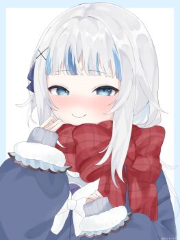 1girl blue_border blue_coat blue_eyes blue_streaks blunt_bangs blush border closed_mouth coat ekakimii gawr_gura gawr_gura_(winter_casual) hair_ornament half-closed_eyes hashtag-only_commentary highres hololive hololive_english long_sleeves looking_at_viewer medium_hair multicolored_hair outside_border red_scarf scarf smile solo streaked_hair upper_body virtual_youtuber white_background x_hair_ornament
