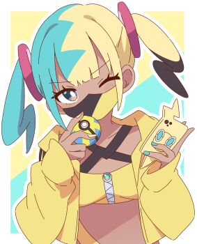 1girl absurdres black_hair blonde_hair blue_eyes blue_hair blunt_bangs blush border bright_pupils canari_(pokemon) cellphone commentary crop_top highres holding holding_phone holding_poke_ball jacket long_hair long_sleeves looking_at_viewer multicolored_hair nintendo one_eye_closed open_clothes open_jacket outline outside_border phone poke_ball pokemon pokemon_legends:_z-a rotom rotom_phone sidelocks smartphone solo split-color_hair twintails upper_body v-shaped_eyebrows white_border white_outline white_pupils yellow_jacket zungurimukkuri_tarou
