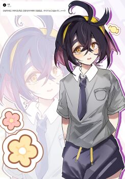 1boy arms_behind_back black_hair blush collared_shirt commentary_request crossed_bangs flower_symbol grey_shirt hair_between_eyes hairband highres kieran_(pokemon) korean_commentary korean_text looking_at_viewer male_focus multicolored_hair necktie ninonin nintendo pokemon pokemon_sv purple_hair school_uniform shirt short_sleeves shorts simple_background uva_academy_school_uniform yellow_eyes yellow_hairband zoom_layer