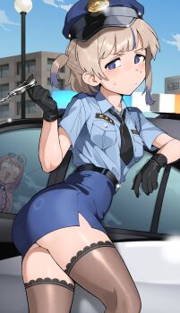 1girl absurdres alternate_costume alternate_eye_color alternate_hair_color black_gloves black_thighhighs blonde_hair blue_eyes blue_hair blue_hat blue_shirt blue_skirt commentary_request cuffs gloves handcuffs hat highres holding holding_handcuffs hololive hololive_dev_is ichijou_ririka ichijou_ririka_(1st_costume) looking_at_viewer multicolored_hair one_side_up peaked_cap pencil_skirt police police_hat police_uniform policewoman purple_streaks shirt short_hair skirt streaked_hair sweat thighhighs todoroki_hajime yume_makurya