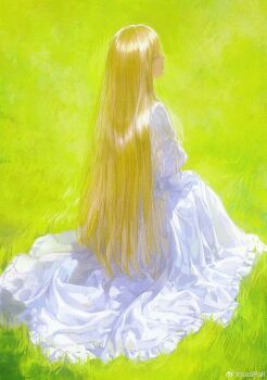 Rule 34 | 1girl, blonde hair, dress, from behind, full body, grass, highres, long hair, long sleeves, on ground, original, outdoors, seapall, solo, watermark, weibo watermark, white dress