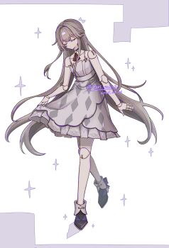 Rule 34 | 1girl, alternate costume, black boots, boots, bowing, brown hair, choker, closed eyes, closed mouth, commentary request, dated, doll joints, dress, full body, herta (honkai: star rail), herta (puppet) (honkai: star rail), highres, honkai: star rail, honkai (series), joints, long hair, neck ribbon, purple choker, ribbon, simple background, skirt hold, sleeveless, sleeveless dress, solo, sparkle, toriniku (tori paku2), twitter username, very long hair, white background, white dress