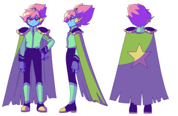 Rule 34 | 1boy, black pants, blue gloves, blue skin, boots, cape, captain spaceboy, closed mouth, colored sclera, colored skin, commentary request, double-parted bangs, fingerless gloves, gloves, green cape, hair between eyes, hand on own hip, long sleeves, looking at viewer, male focus, multiple views, omori, pants, pink eyes, pink hair, short hair, simple background, smile, solo, split mouth, turnaround, white background, yellow sclera, zabalam inana