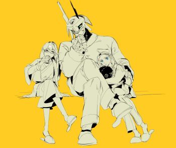 aiba_ami alphamon armor black_armor black_helmet blue_eyes cradling dawu233 digimon digimon_(creature) digimon_story:_cyber_sleuth forehead_jewel full_body helmet highres implied_yuri knight kuremi_kyouko mikagura_mirei shirt simple_background