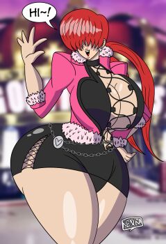 1girl absurdres ass breasts cleavage_cutout clothing_cutout curvy dress earrings female_focus fishnets hand_up highres huge_ass huge_breasts jacket jewelry kenkaranger long_hair no_bra outdoors pale_skin ponytail red_hair shermie_(kof) skirt smile stage standing the_king_of_fighters thick_thighs thighs twintails waving wide_hips