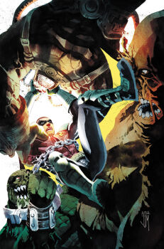 4boys bane batman_(series) belt boots cape clayface cuffs dc_comics domino_mask eye_mask fighting gauntlets handcuffs highres killer_croc male_focus mask monster_boy multiple_boys muscular robin_(dc) sharp_teeth simple_background teeth tim_drake