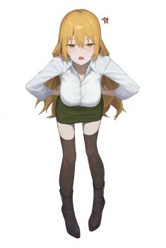 1girl ankle_boots black_boots blonde_hair boots breasts brown_thighhighs collar collared_shirt commentary_request full_body green_skirt hair_between_eyes hands_on_own_hips highres large_breasts leaning_forward long_hair long_sleeves looking_at_viewer mole mole_under_eye open_mouth original satellite999 shirt sidelocks simple_background skirt solo thighhighs thighs white_background white_collar white_shirt yellow_eyes zettai_ryouiki