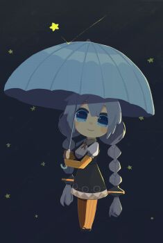1girl black_dress blue_eyes blush_stickers bouncing braid chibi commentary dress elbow_gloves falling_star fingerless_gloves full_body gloves grey_hair hair_tubes highres holding holding_umbrella kizuna_akari konohoshi long_hair looking_at_viewer night orange_gloves orange_pantyhose pantyhose sky smile solo standing star_(sky) striped_clothes striped_gloves striped_pantyhose symbol-only_commentary twin_braids umbrella very_long_hair vocaloid voiceroid