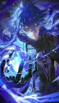 1boy absurdres belt black_belt black_coat blue_fire closed_mouth coat collared_coat commentary_request cowboy_shot crossed_bangs double-parted_bangs empty_eyes fire flins_(genshin_impact) floating_hair genshin_impact hair_between_eyes highres long_hair looking_at_viewer male_focus pyrokinesis shirt solo tomanattsu yellow_eyes