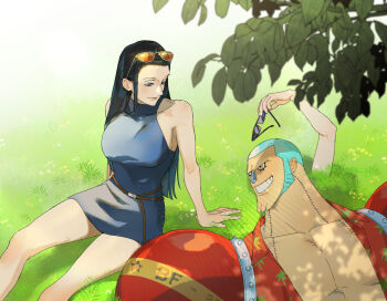 1boy 1girl 9_90n9 black_hair blue_hair commentary_request couple cyborg devil_fruit franky_(one_piece) korean_commentary long_hair muscular muscular_male nico_robin one_piece outdoors short_hair sunglasses