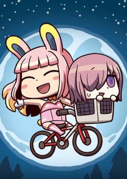 Rule 34 | 2girls, animal ears, april fools, basket, bicycle, bicycle basket, blush stickers, chibi, closed eyes, e.t., fate/grand order, fate (series), flying, full moon, gloves, hair over one eye, highres, in basket, in container, long hair, mash kyrielight, moon, multiple girls, official art, open mouth, outstretched arm, parody, rabbit ears, riding, riding bicycle, riyo (lyomsnpmp), riyo servant (bunnygirl) (fate), smile, voice actor connection, white gloves