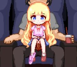 1boy 1girl animated black_hair blonde_hair blue_eyes blue_skirt blush censored chair clothed_sex cum cum_in_pussy cum_overflow ejaculation faceless faceless_male glance head_out_of_frame hetero hinainf indoors loli long_hair looking_to_the_side lowres miniskirt moaning mosaic_censoring movie_theater open_mouth orgasm original panties panties_around_leg pants panty_pull penis pink_panties pink_shirt pixel_art pussy red_footwear sex shirt shoes short_hair short_sleeves sitting sitting_on_lap sitting_on_person size_difference skirt socks solo_focus spread_legs stealth_sex underwear vaginal video white_footwear