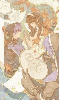 Rule 34 | 1boy, 1girl, black coat, brown hair, chaoxibumian, coat, commentary request, flower, from above, gloves, highres, holding, holding paintbrush, hood, hood up, hooded coat, lily (flower), long hair, looking at another, love and deepspace, paintbrush, painting (action), parted lips, protagonist (love and deepspace), purple hair, rafayel (love and deepspace), red flower, short hair, tiara