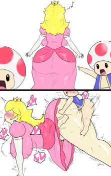 Rule 34 | 1girl, 2boys, all fours, bent over, blonde hair, breasts, doggystyle, double penetration, enigi09, frog embrace position, from side, hair over eyes, heart, huge breasts, legs, long hair, mario (series), meme, moaning, multiple boys, nintendo, open mouth, princess, princess peach, sex, sex from behind, sideboob, super mario bros. 1, surprised, thick thighs, thighs, toad (mario), tongue, tongue out, two soyjaks pointing (meme), white background