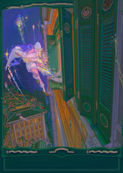 1girl 2others absurdres ambiguous_gender angel angel_wings architecture blue_hair border brown_shoes building cityscape closed_eyes closed_mouth commentary commentary_request creature dress english_commentary floating_hair flying green_border highres hug loafers long_hair low-tied_long_hair mixed-language_commentary multiple_others night original ornate_border out_of_frame outdoors outside_border pants parted_bangs pink_pants shoes short_dress smile tamomoko taro-k white_dress white_wings window_shutter wings
