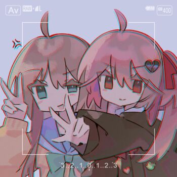 Rule 34 | 2girls, :d, ahoge, anger vein, aqua bow, aqua bowtie, black cardigan, blue eyes, blue sailor collar, bow, bowtie, broken heart, broken heart hair ornament, brown hair, cardigan, chibi, chibi only, chinese commentary, chromatic aberration, endlesscrossing, evil neuro-sama, grey background, hair between eyes, hair ribbon, heart, highres, light blush, long hair, long sleeves, multiple girls, neuro-sama, no nose, open mouth, outstretched arm, puffy long sleeves, puffy sleeves, raised eyebrow, red bow, red bowtie, red eyes, red ribbon, ribbon, sailor collar, siblings, sisters, smile, split mouth, twins, two side up, v, v-shaped eyebrows, vedal ai, viewfinder, yellow cardigan