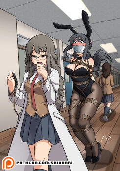 2girls animal_ear_hairband animal_ears arms_behind_back artist_name bdsm black_bow black_leotard black_pantyhose blush bondage bound bound_arms bound_legs bow breasts brown_jacket crotch_rope detached_collar english_text fake_animal_ears futaba_rio gag gagged grey_hair grey_skirt grey_socks hairband highres holding holding_leash hopping improvised_gag jacket kneehighs lab_coat leash leotard long_hair medium_breasts minegahara_high_school_uniform motion_lines multiple_girls necktie pantyhose patreon_logo patreon_username people playboy_bunny pleated_skirt rabbit_ear_hairband rabbit_ears red_necktie rope sakurajima_mai school_uniform seishun_buta_yarou shibari shibari_over_clothes shio-bari skirt socks strapless strapless_leotard sweatdrop tape tape_gag textless_version