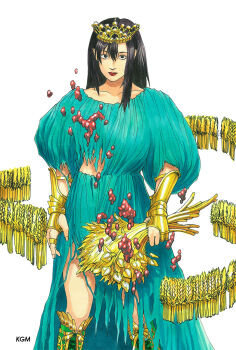 Rule 34 | 1girl, bbkryrnos, black eyes, black hair, boots, dress, gloves, gold, gold trim, highres, holding, holding plant, jewelry, knee boots, lipstick, long hair, looking at viewer, makeup, metal gloves, original, parted bangs, partially fingerless gloves, plant, puffy sleeves, red lips, ring, solo, tarot, the empress (tarot), tiara, torn clothes, torn dress, wheat