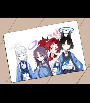 Rule 34 | 4girls, animal ear fluff, animal ears, black hair, blue archive, blue bow, blue bowtie, blue haori, blue neckerchief, blue skirt, blush, bow, bowtie, breasts, brown eyes, cat ears, colored extremities, colored eyelashes, commentary request, crossed arms, curtained hair, dress, eyeshadow, hair over shoulder, half-closed eyes, halo, haori, highres, horns, hyakkaryouran (blue archive), japanese clothes, kikyou (blue archive), letterboxed, long hair, long sidelocks, looking at viewer, looking to the side, makeup, mochini, multiple girls, nagusa (blue archive), neckerchief, photo (object), pleated skirt, ponytail, purple hair, red eyes, red hair, red neckerchief, renge (blue archive), school uniform, serafuku, shirt, sidelocks, sign, single horn, skirt, sleeveless, sleeveless shirt, small breasts, smile, tail, teeth, thumbs up, tongue, undershirt, v-shaped eyebrows, very long hair, white dress, white hair, white halo, white serafuku, white shirt, wooden floor, yukari (blue archive)