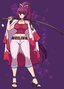 1girl breasts camisole capri_pants cleavage collarbone crop_top hair_intakes hair_ribbon highres jacket jacket_on_shoulders katana kimono_on_shoulders large_breasts long_hair looking_at_viewer midriff missandydandy navel ootachi open_fly pants pants_rolled_up ponytail purple_camisole purple_hair red_camisole red_eyes ribbon smile solo sword under_night_in-birth very_long_hair weapon white_ribbon yuzuriha_(under_night_in-birth)